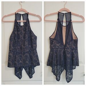 BCBGMaxAzria Larke Dark Navy Lace Cutout Peplum Top Dark Navy 4